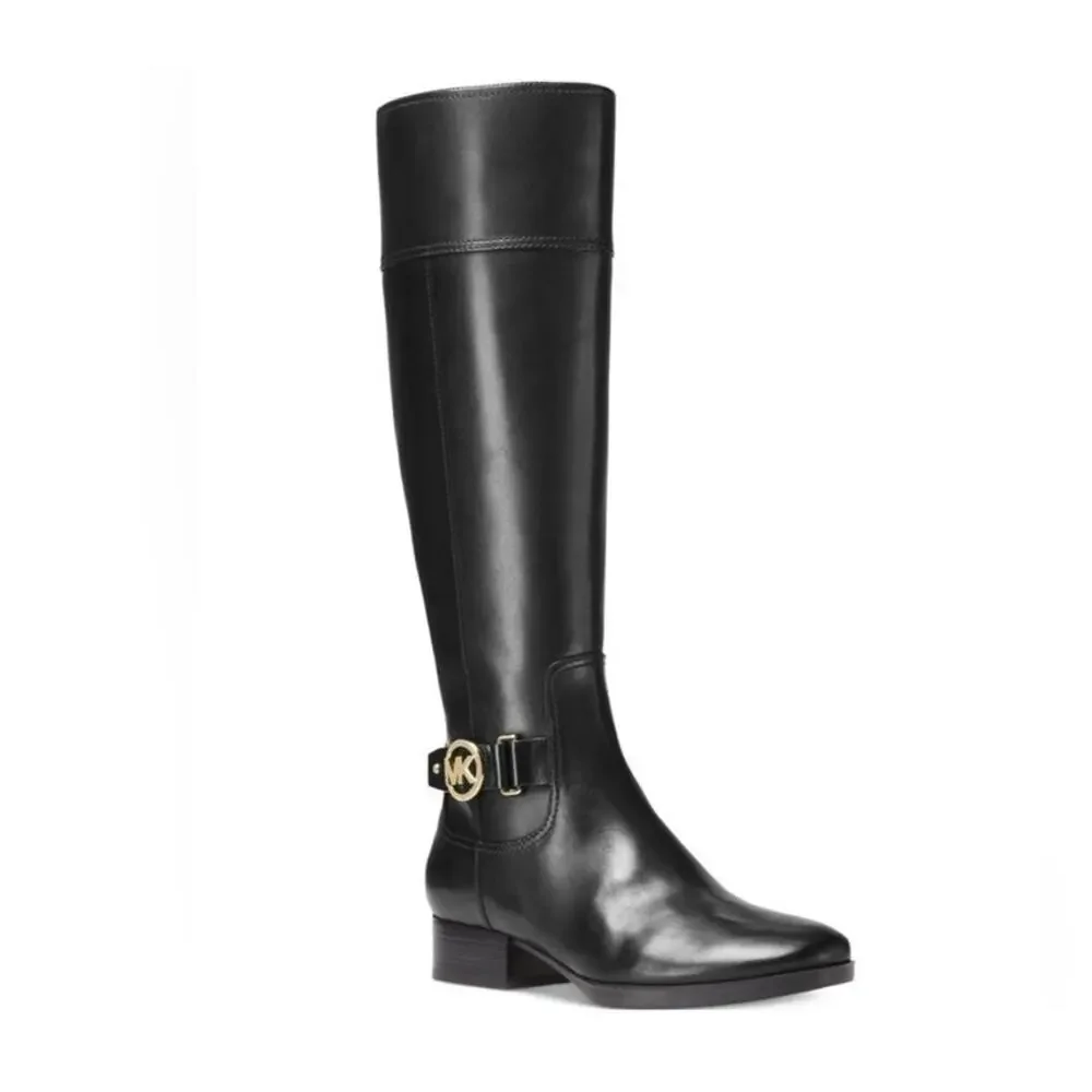 NWT Michael Michael Kors Harland vachetta leather riding boot in black with gold - Picture 1 of 6